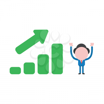 Vector illustration concept of businessman character with green sales bar chart icon moving up.