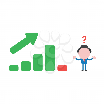 Vector illustration concept of confused businessman character with green and red sales bar chart icon moving up and down.