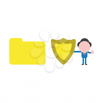 Vector illustration concept of businessman character holding yellow guard shield icon with closed file folder.
