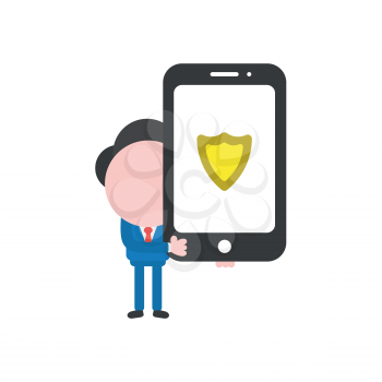 Vector illustration concept of businessman character holding smartphone with guard shield icon.