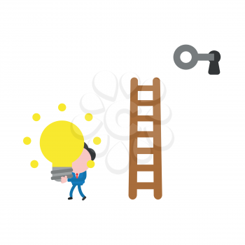 Vector illustration concept of businessman character climb to wooden ladder, unlock with key and take glowing light bulb idea.
