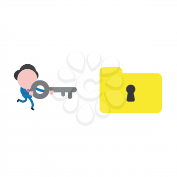 Vector illustration concept of businessman character running and holding gray key to unlock closed yellow file folder icon.