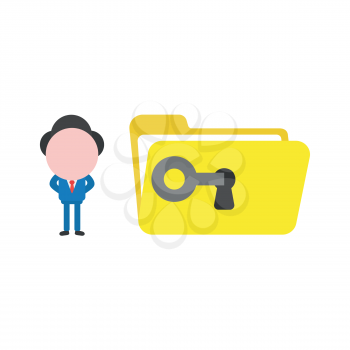 Vector illustration concept of businessman character unlock, open yellow file folder with key.