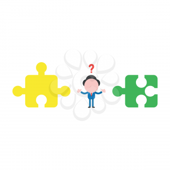 Vector illustration concept of confused businessman character with two incompatible jigsaw puzzle pieces.