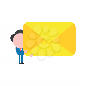 Vector illustration concept of businessman character holding yellow closed envelope icon.