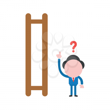 Vector illustration concept of confused businessman character and wooden ladder with missing steps.