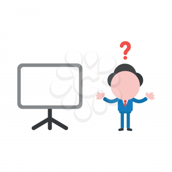 Vector illustration concept of confused businessman character with blank presentation chart icon