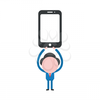 Vector illustration concept of businessman character holding up black smartphone icon.