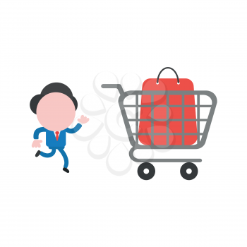 Vector illustration concept of businessman character running with shopping bag inside shopping cart icon.