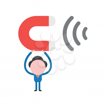 Vector illustration concept of businessman character holding up red magnet icon attracting.