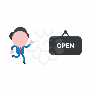 Vector illustration concept of businessman character running to open hanging sign icon.