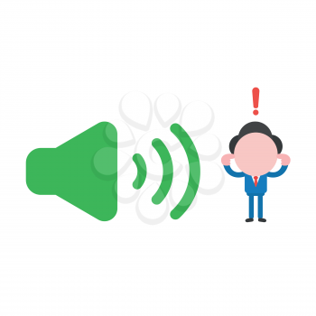 Vector illustration concept of businessman character closed ears to loud voice green speaker sound icon.