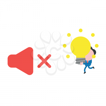 Vector illustration concept of businessman character running and carrying glowing light bulb to red speaker sound symbol icon off.