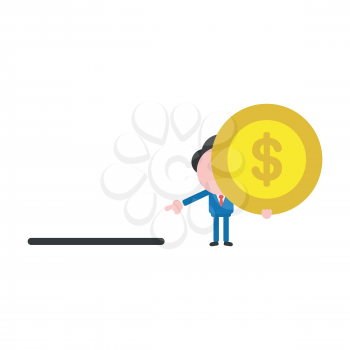 Vector illustration concept of businessman character holding yellow dollar money coin icon and pointing moneybox hole.