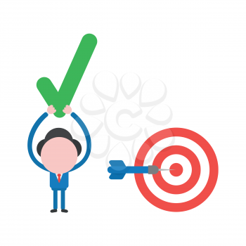 Vector illustration concept of businessman character with bullseye and dart in center and holding up green check mark icon.