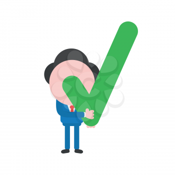 Vector illustration concept of businessman character holding green check mark icon.