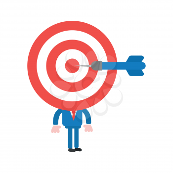 Vector illustration concept of businessman character with bulls eye icon head and dart in center.
