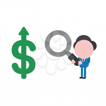 Vector illustration concept of businessman character holding magnifying glass and looking green dollar icon with arrow moving up.