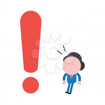 Vector illustration concept of surprised businessman character looking big red exclamation mark icon.