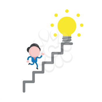 Vector illustration of faceless businessman character running glowing yellow light bulb idea at top of stairs.