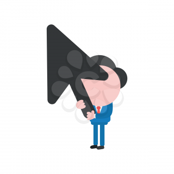 Vector illustration of faceless businessman character holding computer mouse arrow cursor icon.