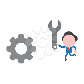 Vector illustration of faceless businessman character running and holding spanner to gear.