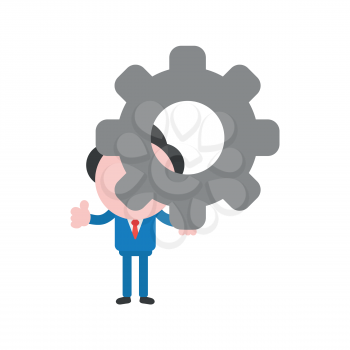 Vector illustration of faceless businessman character holding gear and showing thumbs up.