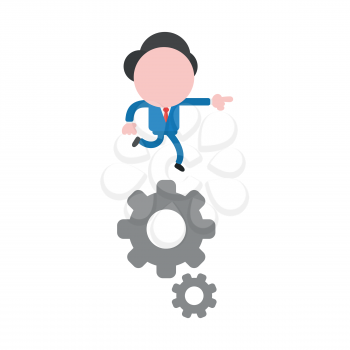 Vector illustration of faceless businessman character running on gears and pointing.