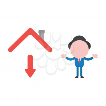 Vector illustration of faceless businessman character with arrow moving down under house roof.