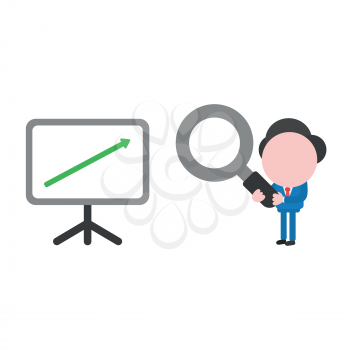 Vector illustration of faceless businessman character looking magnifying glass to sales chart moving up.