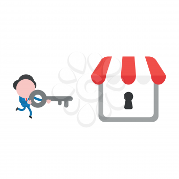 Vector illustration of faceless businessman character running and carrying key to unlock shop store keyhole.