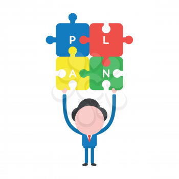 Vector illustration of faceless businessman character holding up connected plan jigsaw puzzle pieces.