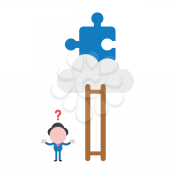Vector illustration of faceless confused businessman character with wooden ladder missing steps and how to reach missing puzzle piece on cloud.