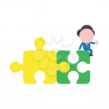 Vector illustration of faceless businessman character sitting on connected two puzzle pieces.