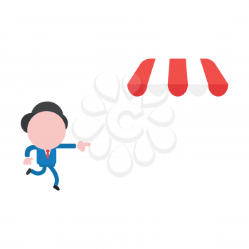 Vector illustration of faceless businessman character pointing and running to shop store awning.