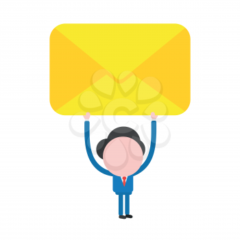 Vector illustration of faceless businessman character holding up closed yellow mail envelope.