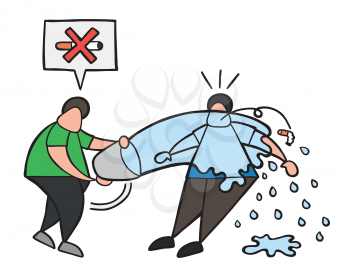 Vector illustration cartoon man character throw water with bucket to smoker and say no smoking cigarette here.