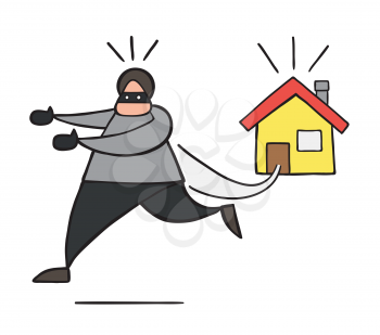 Vector illustration cartoon thief man with face masked running away from house.