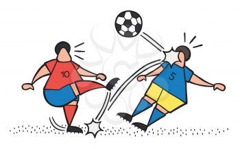 Vector illustration cartoon soccer player man kicking ball and hitting other player's face.