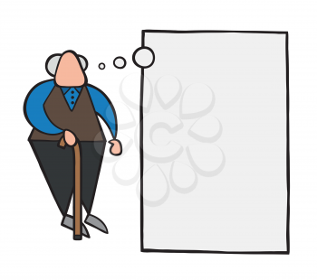 Vector illustration cartoon old man standing with wooden walking stick and dreaming or thinking with blank thought bubble.