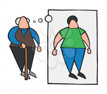 Vector illustration cartoon old man standing with wooden walking stick and dreaming or thinking his youth with thought bubble.