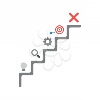 Flat design vector illustration concept of grey stairs with grey light bulb idea, magnifying glass, gear, bulls eye with dart in the side and red x mark symbol icon.