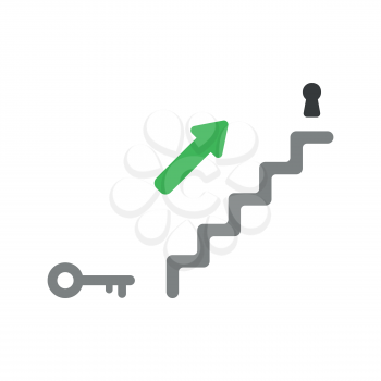 Flat design vector illustration concept of grey stairs with key and keyhole and green arrow symbol icon showing up on white background.