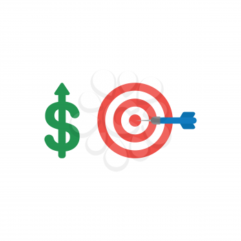 Flat design vector illustration concept of green dollar money symbol icon with arrow moving up and bulls eye with dart in the center.