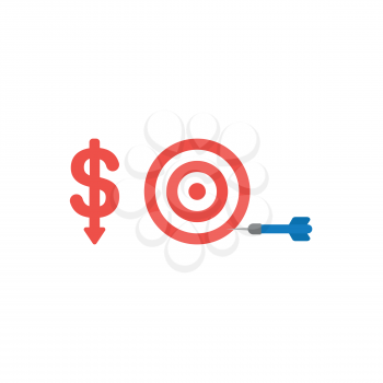 Flat design vector illustration concept of red dollar money symbol icon with arrow moving down and bulls eye with dart in the side.