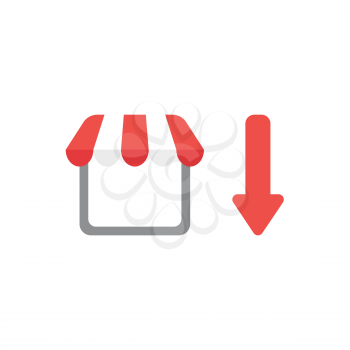 Flat design vector illustration concept of shop or store symbol icon with red arrow moving down on white background.