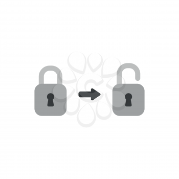 Flat design vector illustration concept of grey closed, locked padlock symbol icon opened, unlocked on white background.