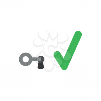 Flat design vector illustration concept of grey key in keyhole with green check mark symbol icon on white background.