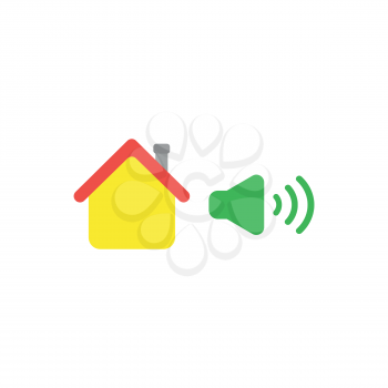 Flat design vector illustration concept of yellow house with green high speaker sound, loud voice symbol icon on white background.