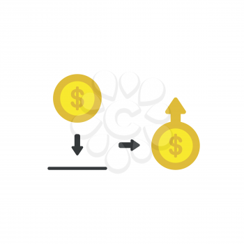 Flat design vector illustration concept of putting and saving yellow dollar money coin symbol icon into moneybox and increase of money with arrow moving up on coin.